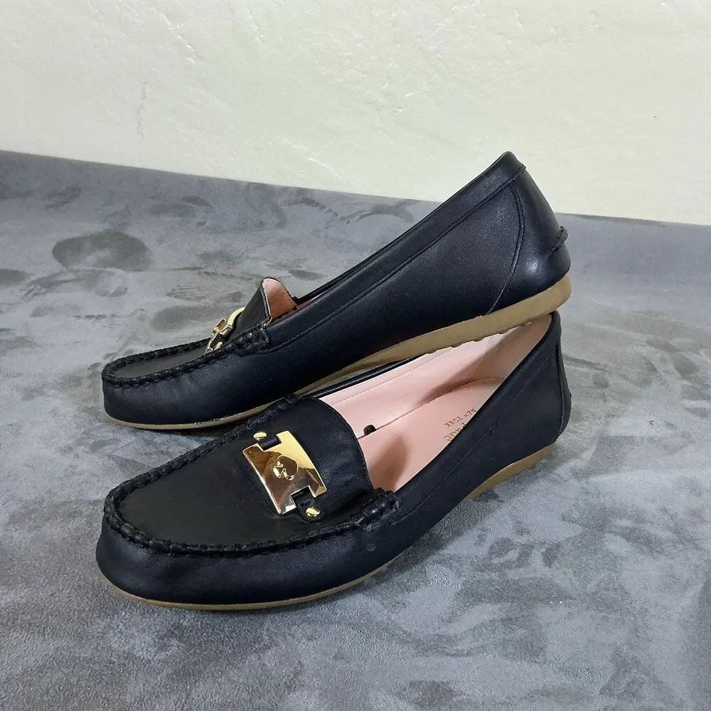 8 B Kate Spade Brass Bit Flats Leather Womens 8 B Carmen Navy 38.5